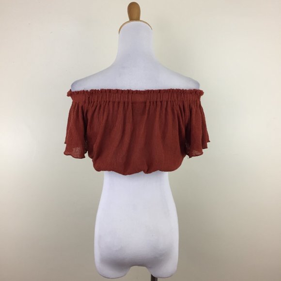 OUT FROM UNDER Rust/Brick Flutter Sleeve Textured Off Shoulder Crop Top - Picture 8 of 9
